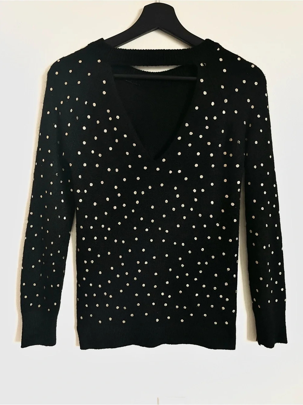 Loft Black Crew Neck Sweater With Gold Metallic Polka Dots Size XS EUC